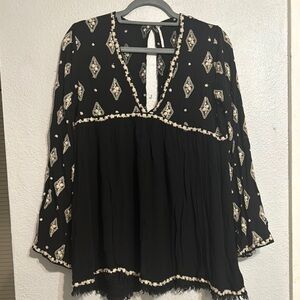 Free People Tunic Dress S Black Embroidered Deep V Neck Babydoll Style